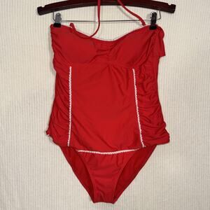 VM One Piece Swimsuit Red with White Trim Size XL Ruched Halter Top Pin Up Retro